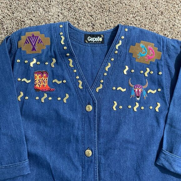 GEPETTO Denim Button Up Shirt Tunic Top VTG Embellished Western Cowgirl Rodeo M - Picture 3 of 7